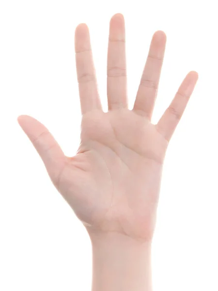 Τεντωμένο χέρι της γυναίκας που απομονώνονται σε λευκό φόντο. Ανοιχτό pal — Φωτογραφία Αρχείου
