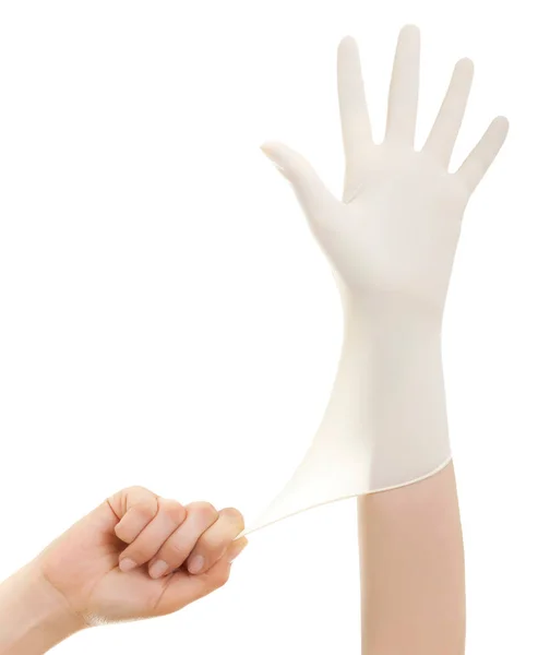 医生带上白色孤立的无菌手套的手。医疗 — 图库照片