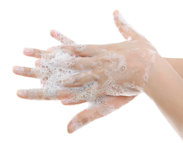 Händewaschen mit Seife und Wasser im Badezimmer. Hygiene. Reinigung — Stockfoto