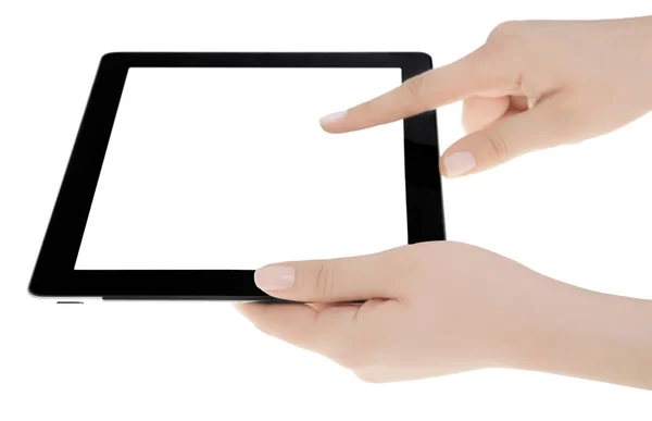 Mano sosteniendo una tableta con pantalla blanca. Mujer manos sh — Foto de Stock