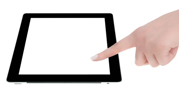 손을 들고 백색 스크린 태블릿 컴퓨터입니다. 여자 손 쉬 — 스톡 사진