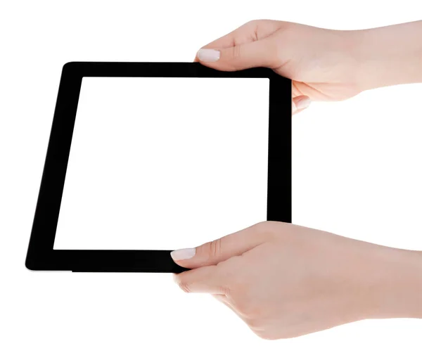 Hand holding a tablet computer with white screen. Woman hands sh — Stock Photo, Image