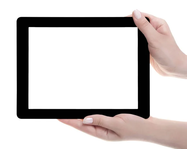 Hand met een tablet-pc met wit scherm. Vrouw handen sh — Stockfoto