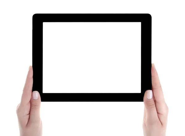 Hand holding a tablet computer with white screen. Woman hands sh — Stock Photo, Image