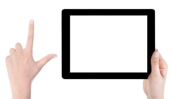 손을 들고 백색 스크린 태블릿 컴퓨터입니다. 여자 손 쉬 — 스톡 사진