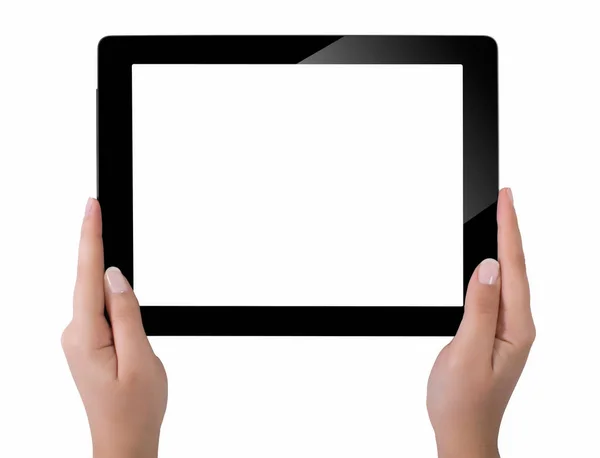 Ręka trzyma komputer typu tablet z biały ekran. Kobieta ręce sh Zdjęcie Stockowe