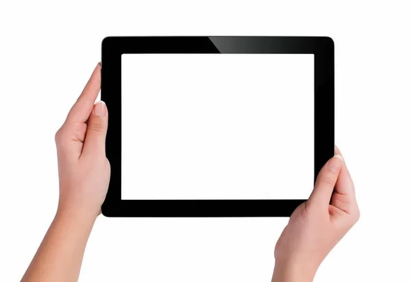 Ręka trzyma komputer typu tablet z biały ekran. Kobieta ręce sh Zdjęcia Stockowe bez tantiem
