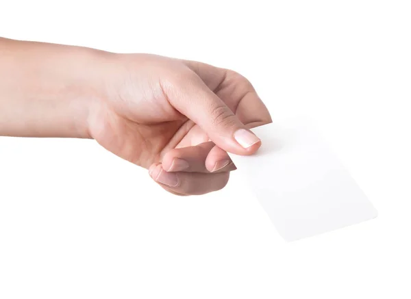 Mão segurando cartão de visita em branco com caminhos de recorte — Fotografia de Stock