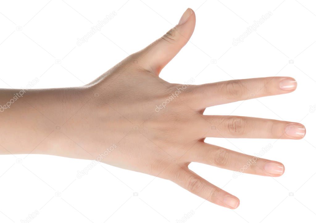 Stretched hand of woman isolated over white background. Open pal