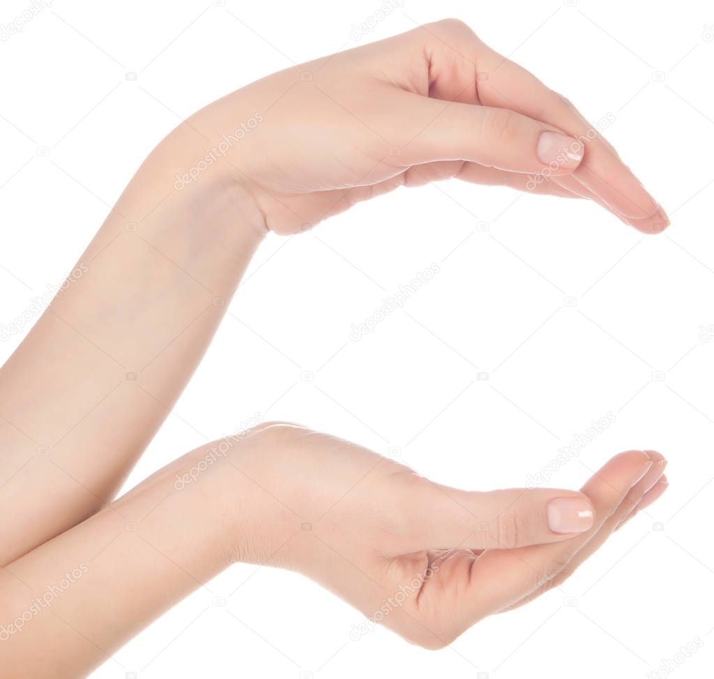 Stretched hand of woman isolated over white background. Open pal