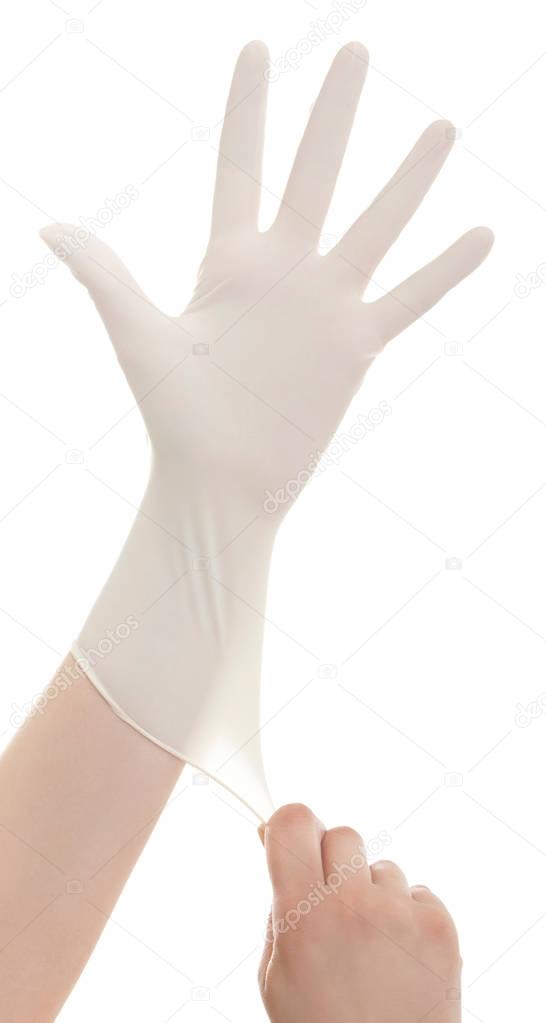 Doctor show hands with sterile gloves isolated on white. Medical