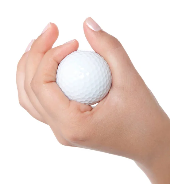 Ręka trzyma piłkę Golf jest na białym tle na białym tle — Zdjęcie stockowe