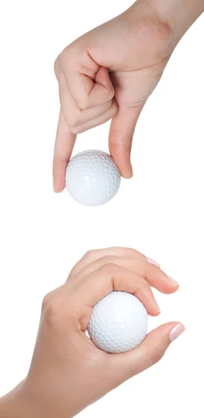 Χέρι κρατά μια μπάλα για το γκολφ είναι απομονωμένα σε λευκό φόντο — Φωτογραφία Αρχείου