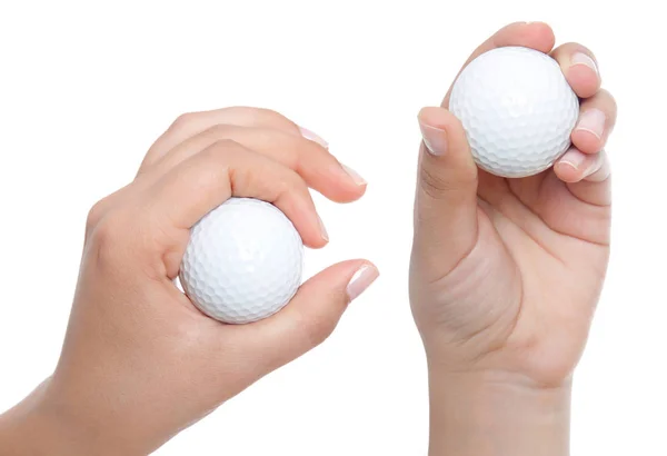 Hand hält einen Ball für Golf ist isoliert auf weißem Hintergrund — Stockfoto