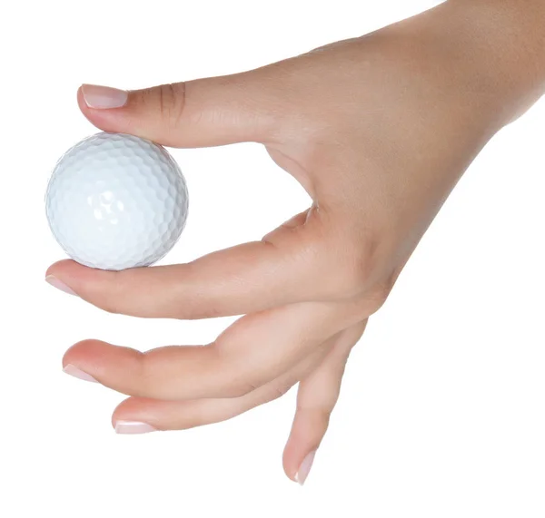 Hand hält einen Ball für Golf ist isoliert auf weißem Hintergrund — Stockfoto