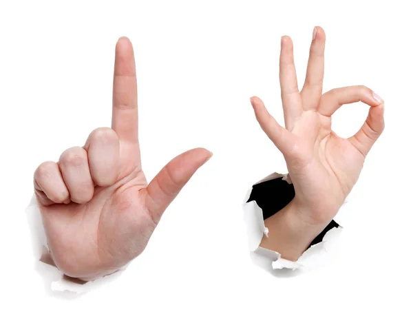 Női kéz hüvelykujjával felfelé ok rendben győzelem kéz jele gest mutatja — Stock Fotó