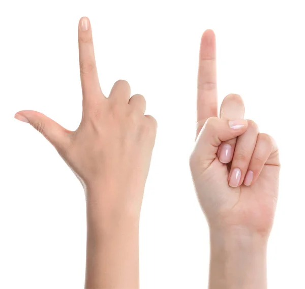 Mujer mano apuntando hacia arriba con el dedo índice o tocando la pantalla de nuevo — Foto de Stock