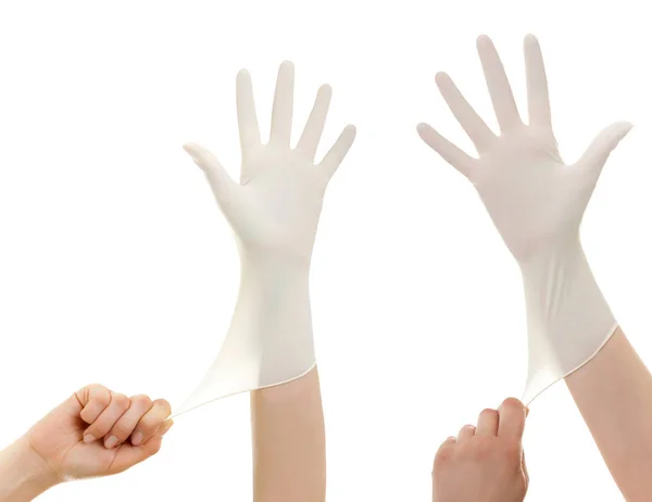 Doktor ile steril eldiven üzerinde beyaz izole ellerini göster. Tıbbi