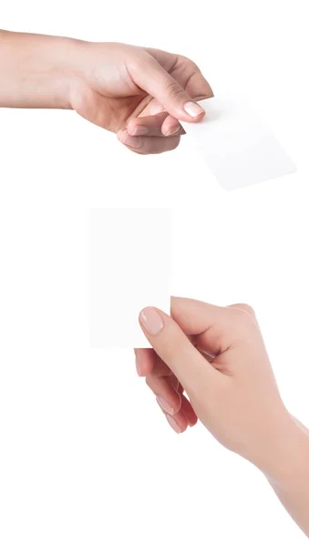 Femme main tenant une carte de visite virtuelle, carte de crédit ou pape vierge — Photo