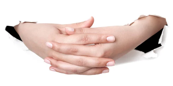 Primer plano de la mano de una hermosa mujer, con la palma en alto. Aislado sobre blanco b — Foto de Stock