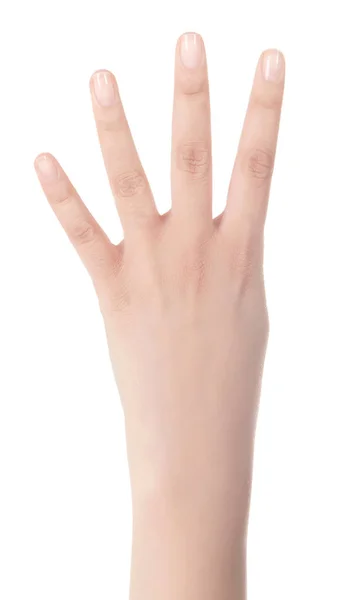 Close-up van mooie vrouw hand, palm omhoog. geïsoleerd op witte b — Stockfoto