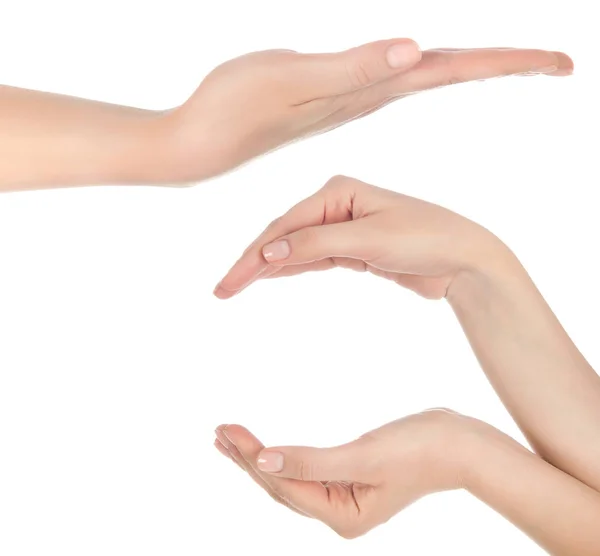 Close-up of beautiful woman's hand, palm up. Isolated on white b — Stock Photo, Image