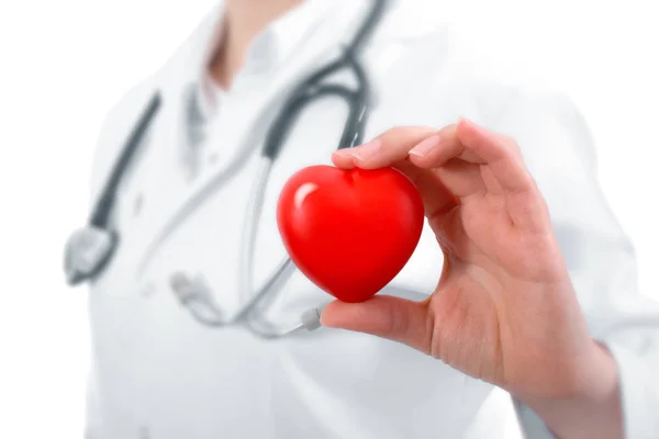 Lekarz medycyny kobieta trzymać w ręce czerwony zabawka serca i stethosco Zdjęcia Stockowe bez tantiem
