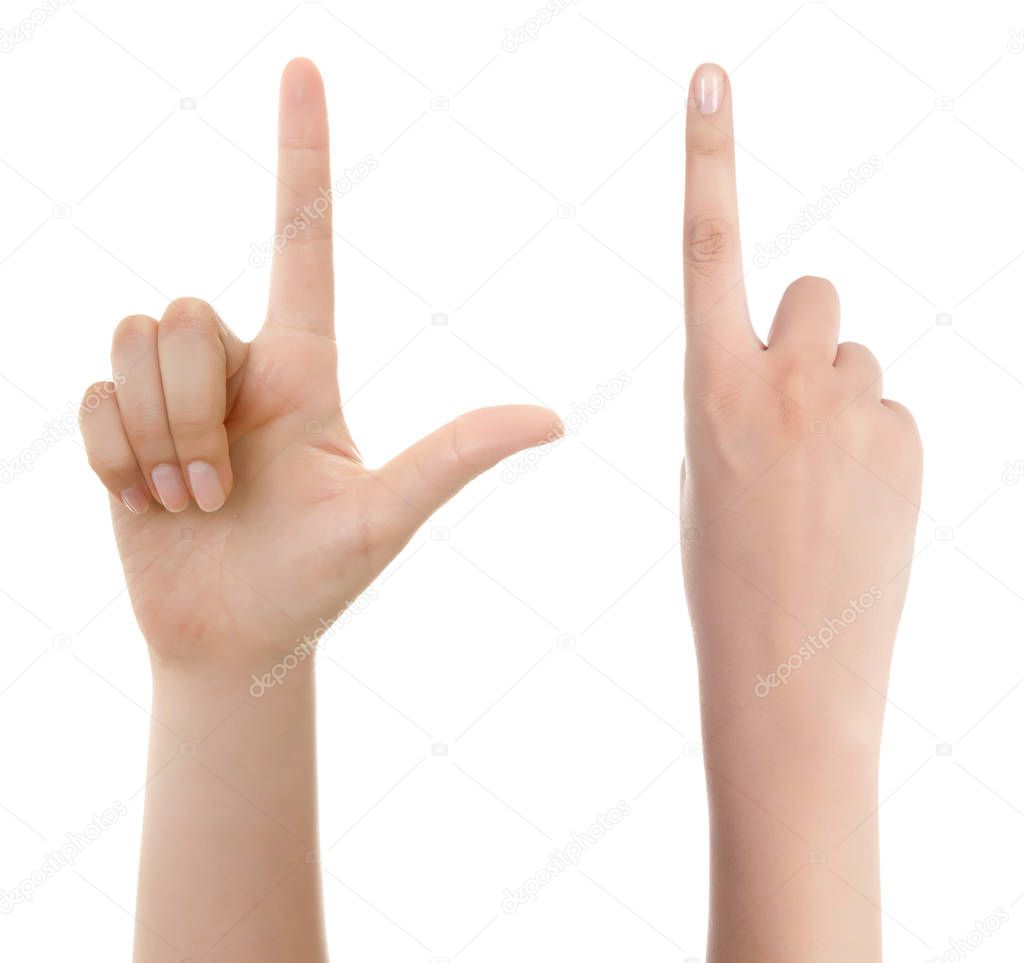 Woman hand pointing up with index finger or touching screen back