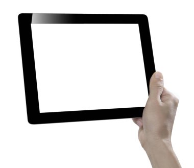 Elle tutulan dijital tablet, beyaz arkaplanda kesilmiş