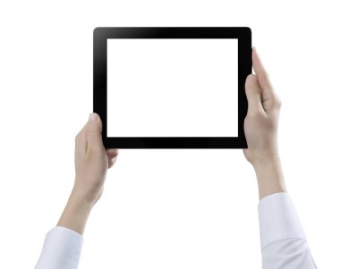 Elle tutulan dijital tablet, beyaz arkaplanda kesilmiş