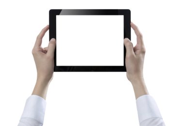 Elle tutulan dijital tablet, beyaz arkaplanda kesilmiş