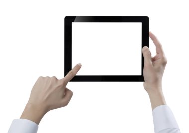 Elle tutulan dijital tablet, beyaz arkaplanda kesilmiş