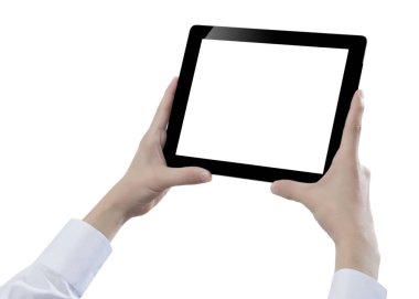Elle tutulan dijital tablet, beyaz arkaplanda kesilmiş