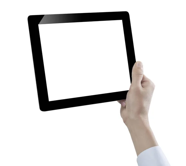 Hand Hält Digitales Tablet Ausgeschnitten Auf Weißem Hintergrund — Stockfoto