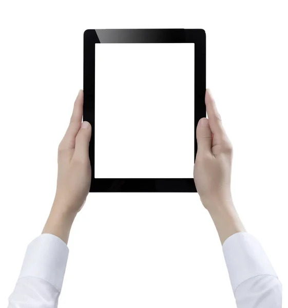 Hand Hålla Digital Tablett Skära Vit Bakgrund — Stockfoto
