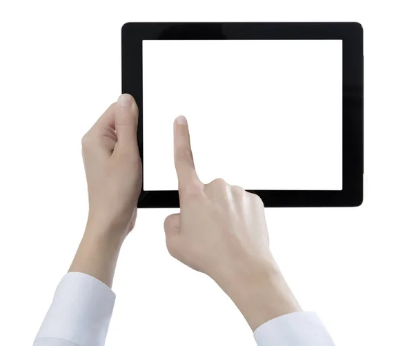 Elle Tutulan Dijital Tablet Beyaz Arkaplanda Kesilmiş — Stok fotoğraf