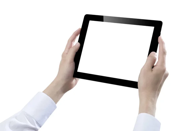 Hand Hält Digitales Tablet Ausgeschnitten Auf Weißem Hintergrund — Stockfoto