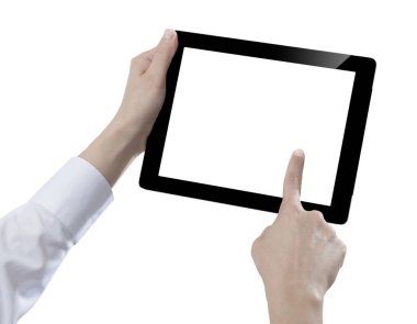 Elle tutulan dijital tablet, beyaz arkaplanda kesilmiş