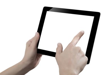 Elle tutulan dijital tablet, beyaz arkaplanda kesilmiş