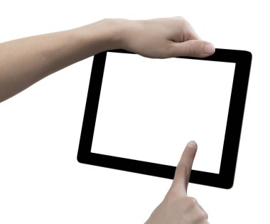 Elle tutulan dijital tablet, beyaz arkaplanda kesilmiş