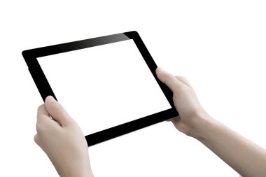 Elle tutulan dijital tablet, beyaz arkaplanda kesilmiş