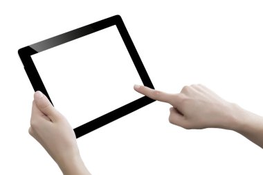 Elle tutulan dijital tablet, beyaz arkaplanda kesilmiş