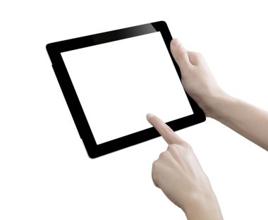 Elle tutulan dijital tablet, beyaz arkaplanda kesilmiş
