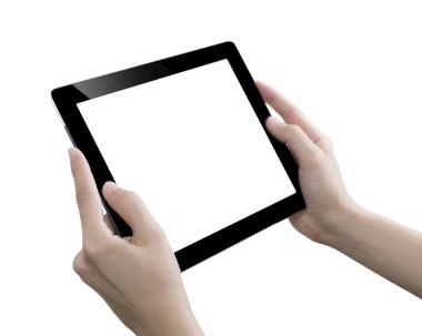 Elle tutulan dijital tablet, beyaz arkaplanda kesilmiş