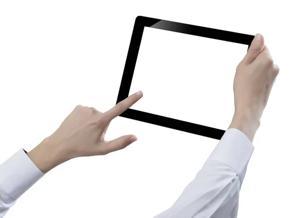 Hand Hält Digitales Tablet Ausgeschnitten Auf Weißem Hintergrund — Stockfoto