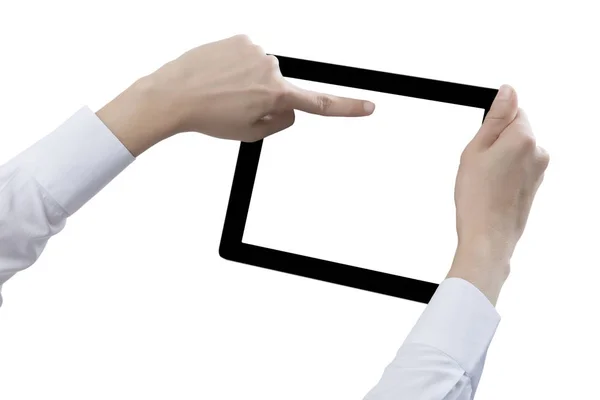 Hand Hält Digitales Tablet Ausgeschnitten Auf Weißem Hintergrund — Stockfoto