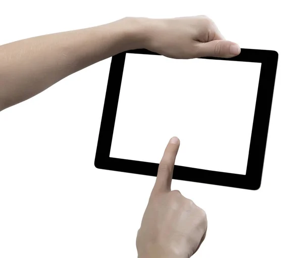 Hand Hålla Digital Tablett Skära Vit Bakgrund — Stockfoto