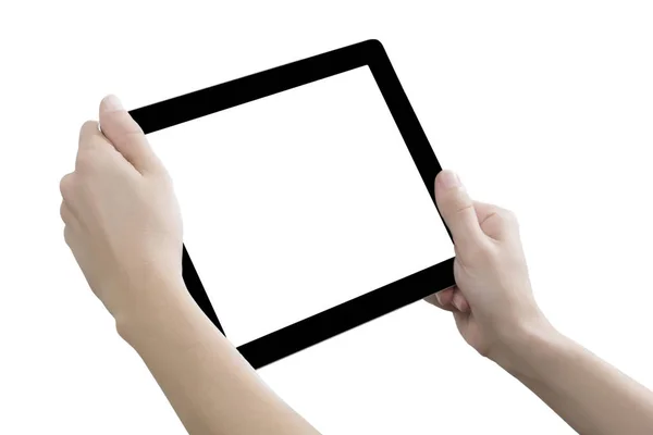 Main Tenir Tablette Numérique Découpé Sur Fond Blanc — Photo