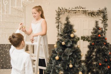 Küçük çocuklar Noel ağacını parlak bir iç mekanla süslerler. Kız ve erkek kardeş, erkek ve kız kardeş yılbaşı oyuncaklarını ladin dallarına asarlar. Aile Noel ve Yeni Yıl konsepti