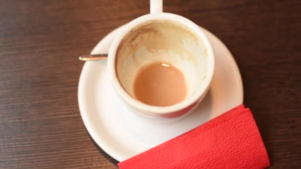 Empty Cup Coffee Viewed Wooden Table Coffee Grounds Empty Glass — Stock Video